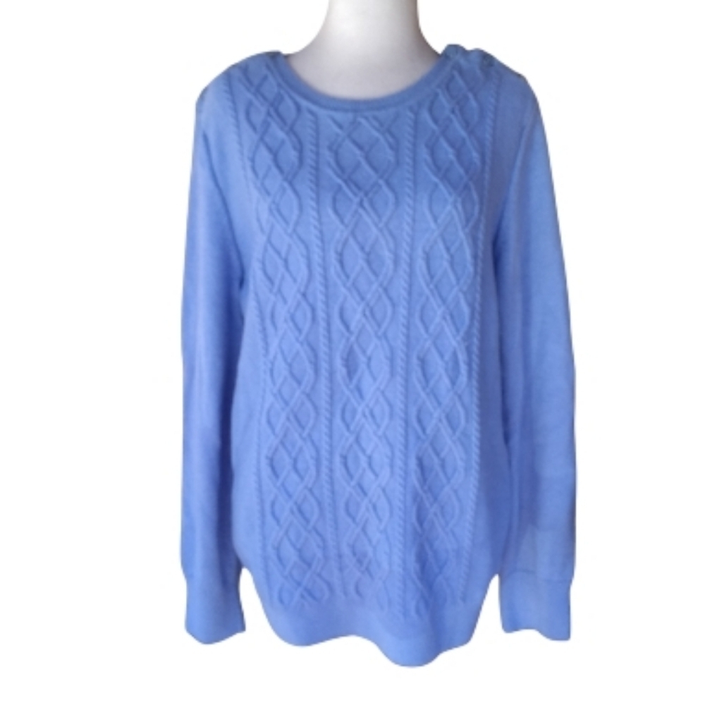 Talbots Powder Blue Cable Chunky Knit Lambswool Blend Crew Neck Sweater Size XL